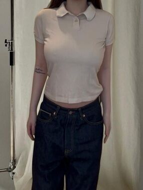 NA-KD Cream Collared Polo Top with Button Detail